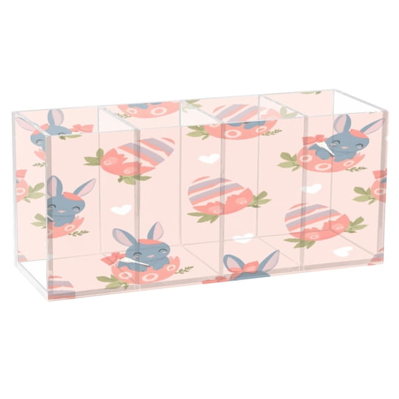 BZSMCE Acrylic 4 Compartments Pencil Holder Organizer Makeup Brush Holder In Blue Bunny Easter Egg Pattern Pattern