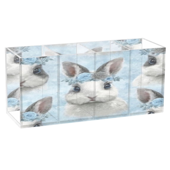 BZSMCE Acrylic 4 Compartments Pencil Holder Organizer Makeup Brush Holder In Blue Floral Crown Bunny Pattern
