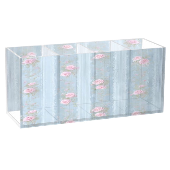 BZSMCE Acrylic 4 Compartments Pencil Holder Organizer Makeup Brush Holder In Blush Rose Stripes Pattern