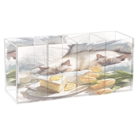 BZSMCE Acrylic 4 Compartments Pencil Holder Organizer Makeup Brush Holder In Cats with Lemon Cake Pattern