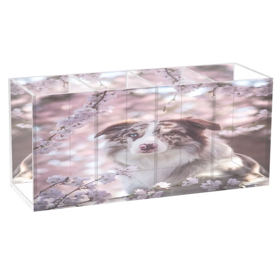 BZSMCE Acrylic 4 Compartments Pencil Holder Organizer Makeup Brush Holder In Cherry Blossom Pattern