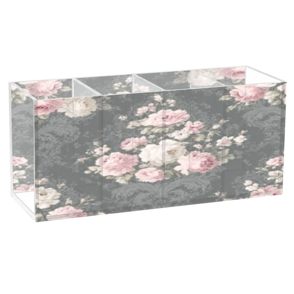 BZSMCE Acrylic 4 Compartments Pencil Holder Organizer Makeup Brush Holder In Dark Gray Rose Pattern
