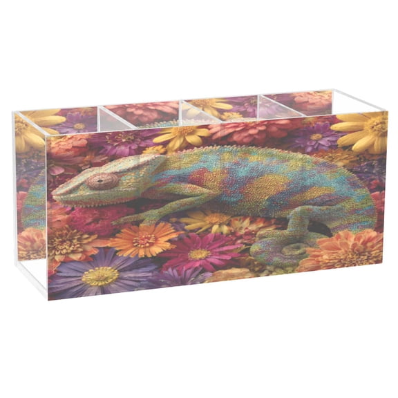 BZSMCE Acrylic 4 Compartments Pencil Holder Organizer Makeup Brush Holder In Floral Rainbow Chameleon Pattern