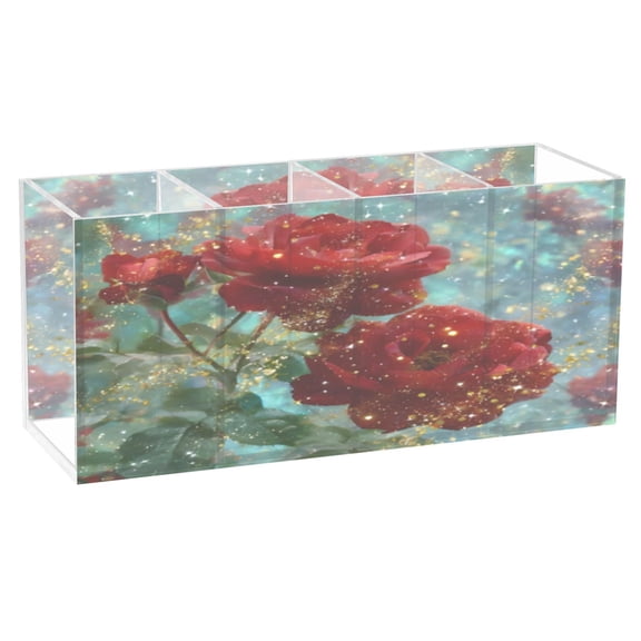 BZSMCE Acrylic 4 Compartments Pencil Holder Organizer Makeup Brush Holder In Glittered Red Roses Pattern