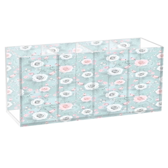 BZSMCE Acrylic 4 Compartments Pencil Holder Organizer Makeup Brush Holder In Mint Garden Whimsy Pattern