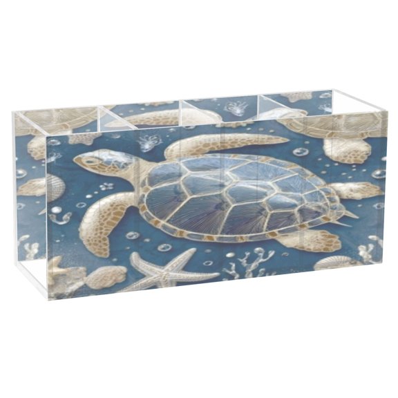 BZSMCE Acrylic 4 Compartments Pencil Holder Organizer Makeup Brush Holder In Navy Beaded Sea Turtle Pattern