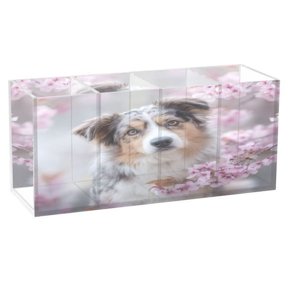 BZSMCE Acrylic 4 Compartments Pencil Holder Organizer Makeup Brush Holder In Pale Blossom Collie Pattern