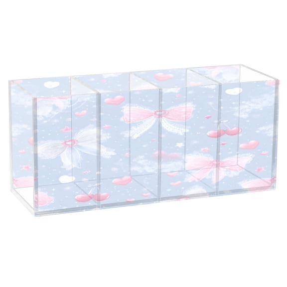BZSMCE Acrylic 4 Compartments Pencil Holder Organizer Makeup Brush Holder In Pale Blue Bow Pattern