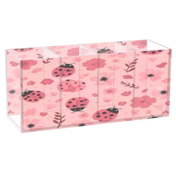 BZSMCE Acrylic 4 Compartments Pencil Holder Organizer Makeup Brush Holder In Pink Ladybug Floral Pattern