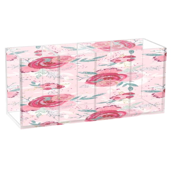 BZSMCE Acrylic 4 Compartments Pencil Holder Organizer Makeup Brush Holder In Pink Rose Pattern