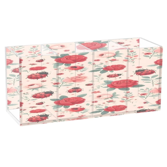 BZSMCE Acrylic 4 Compartments Pencil Holder Organizer Makeup Brush Holder In Pink-back Red Rose Pattern