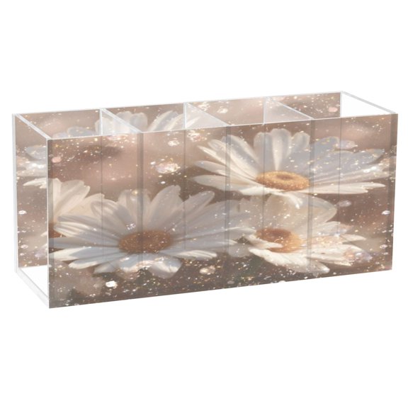 BZSMCE Acrylic 4 Compartments Pencil Holder Organizer Makeup Brush Holder In Shimmering Daisies Pattern