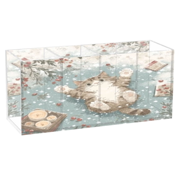 BZSMCE Acrylic 4 Compartments Pencil Holder Organizer Makeup Brush Holder In Snowy Winter Candle Pattern