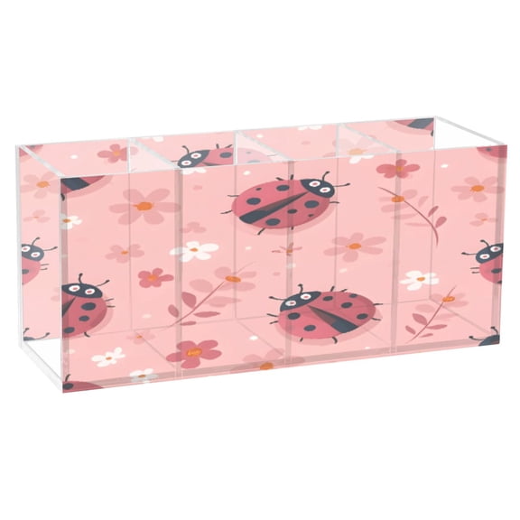 BZSMCE Acrylic 4 Compartments Pencil Holder Organizer Makeup Brush Holder In Soft Pink Ladybug Pattern