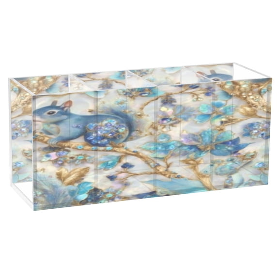 BZSMCE Acrylic 4 Compartments Pencil Holder Organizer Makeup Brush Holder In Sparkle Blue Squirrel Pattern