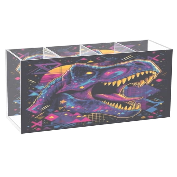 BZSMCE Acrylic 4 Compartments Pencil Holder Organizer Makeup Brush Holder In Sunset Cosmic T-rex Pattern
