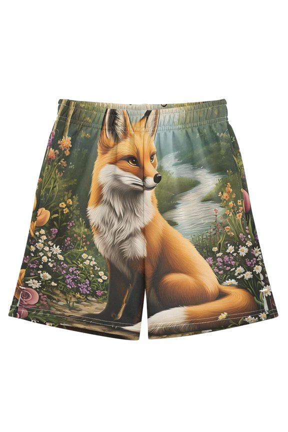 BZSMCE Adjustable Drawstring Casual Shorts With A Beautiful Fox with Flowers Pattern