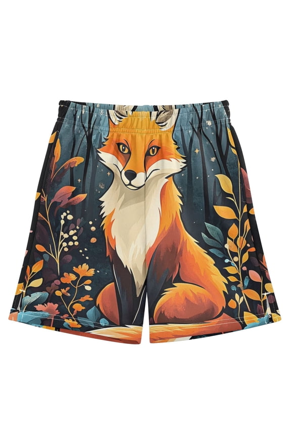 BZSMCE Adjustable Drawstring Casual Shorts With A Fox in The Forest Pattern