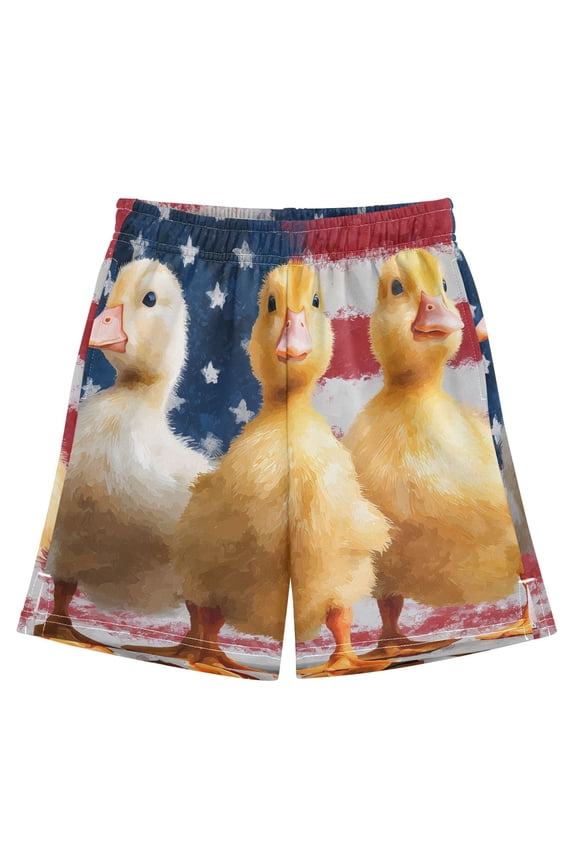 BZSMCE Adjustable Drawstring Casual Shorts With American Flag Three Little Ducks Pattern