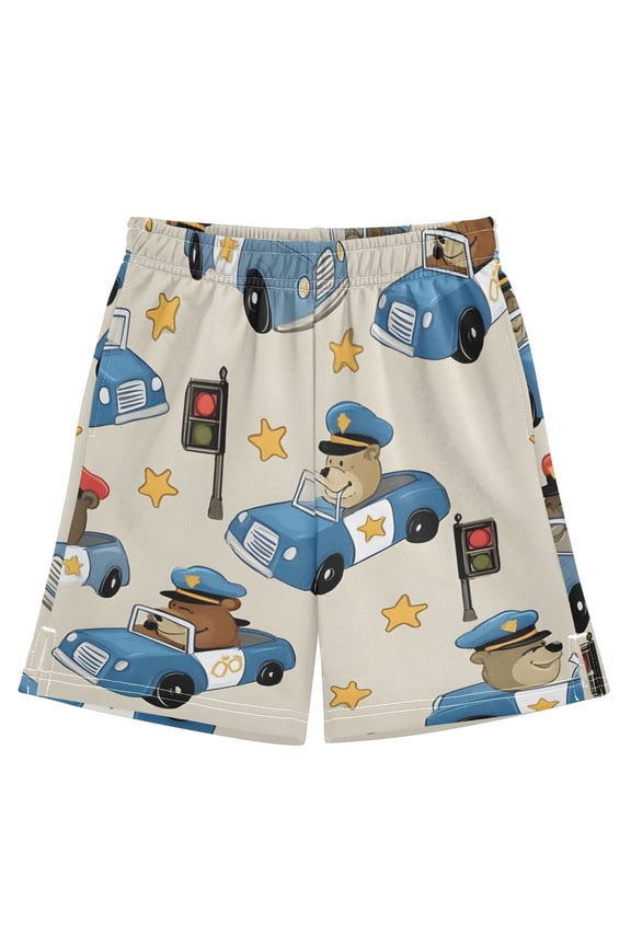 BZSMCE Adjustable Drawstring Casual Shorts With Bear Driving Police Car Pattern Pattern