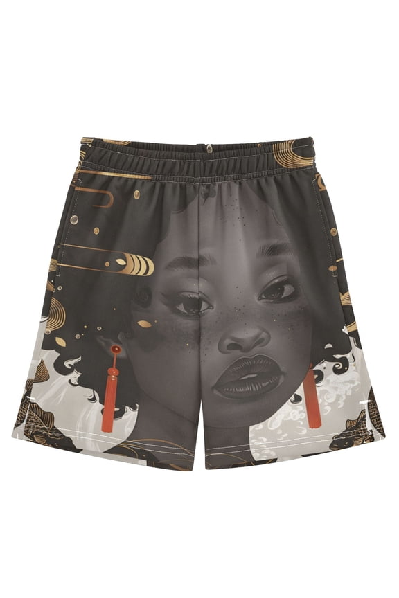 BZSMCE Adjustable Drawstring Casual Shorts With Black Girl Fish Pattern
