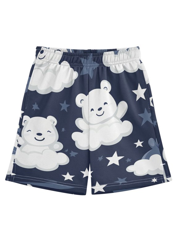 BZSMCE Adjustable Drawstring Casual Shorts With Cuddly Clouds and Bears Pattern
