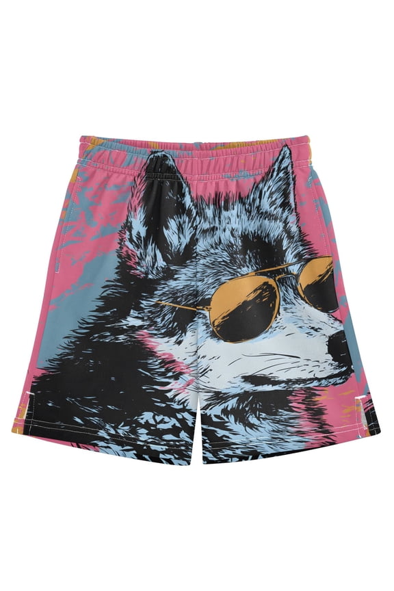 BZSMCE Adjustable Drawstring Casual Shorts With Doodle Wolf Pattern