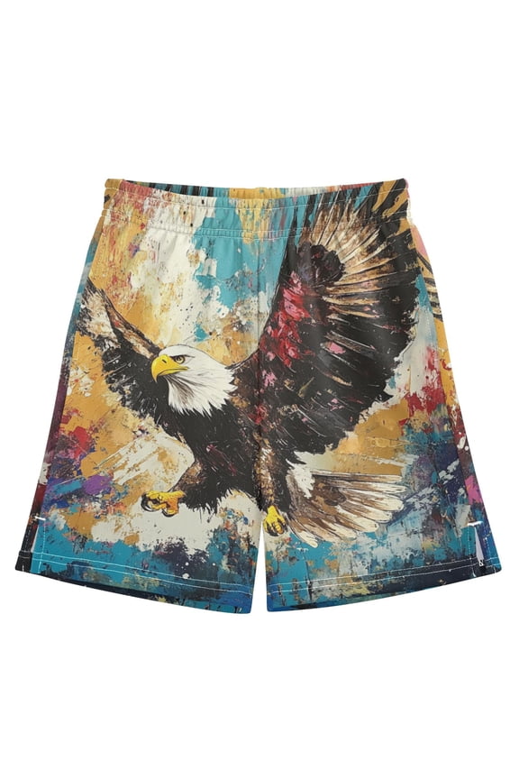 BZSMCE Adjustable Drawstring Casual Shorts With Eagles in Motio Pattern