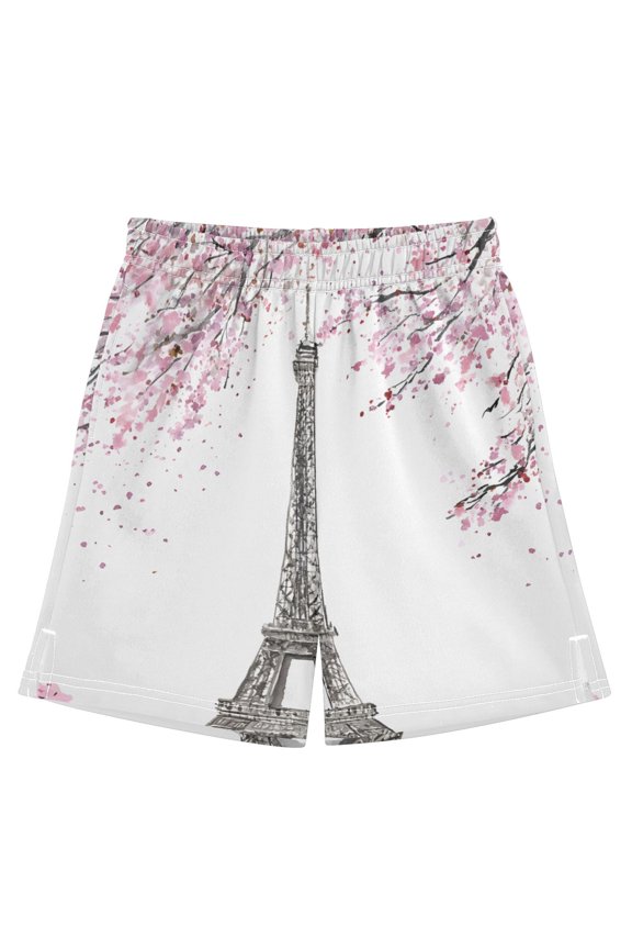 BZSMCE Adjustable Drawstring Casual Shorts With Eiffeltower Cherry Pattern