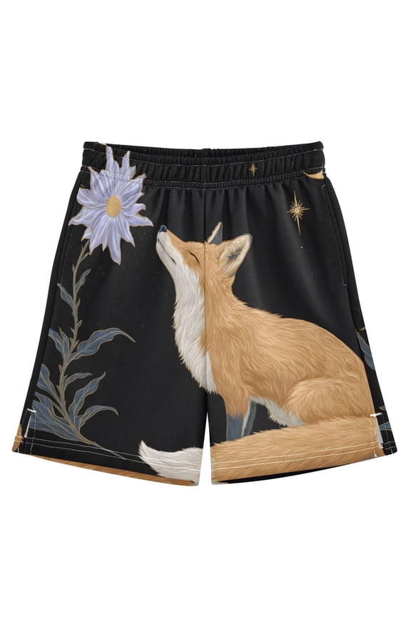 BZSMCE Adjustable Drawstring Casual Shorts With Fox Flower Moon Pattern