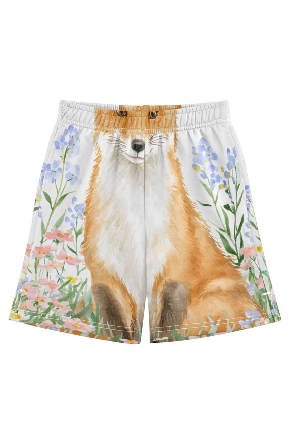 BZSMCE Adjustable Drawstring Casual Shorts With Fox Sitting Flowers Pattern