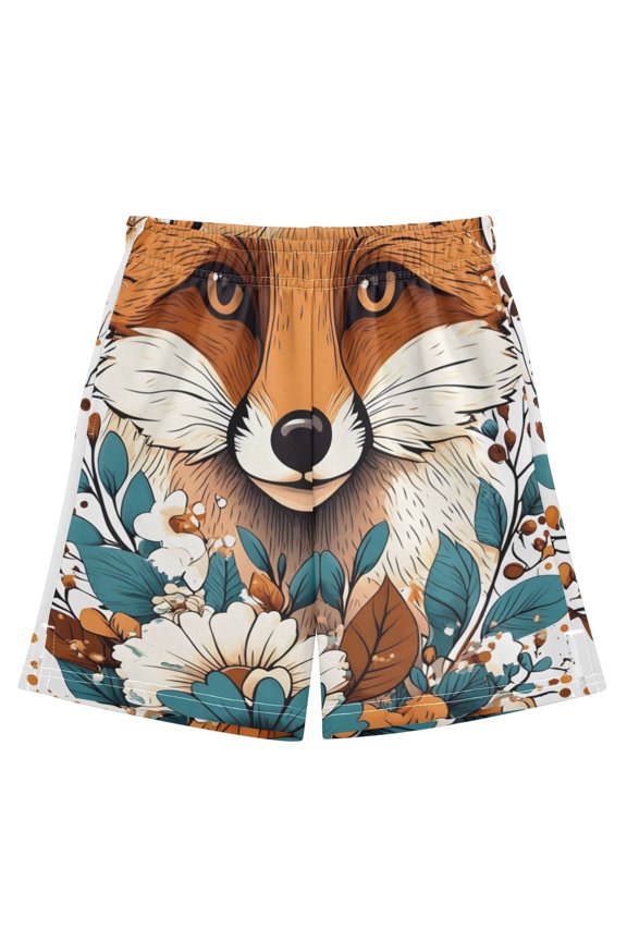 BZSMCE Adjustable Drawstring Casual Shorts With Fox with Flowers Pattern