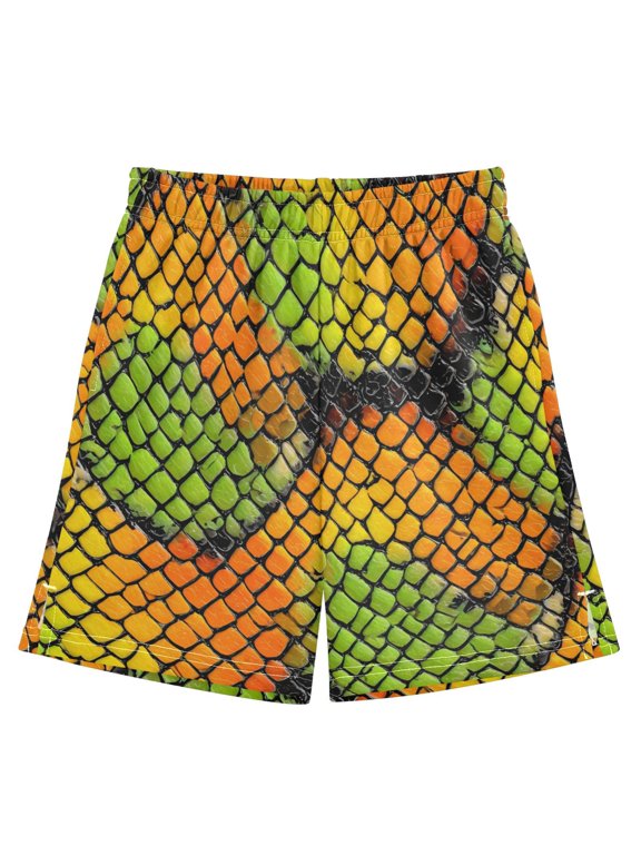 BZSMCE Adjustable Drawstring Casual Shorts With Green Orange Python Pattern Pattern