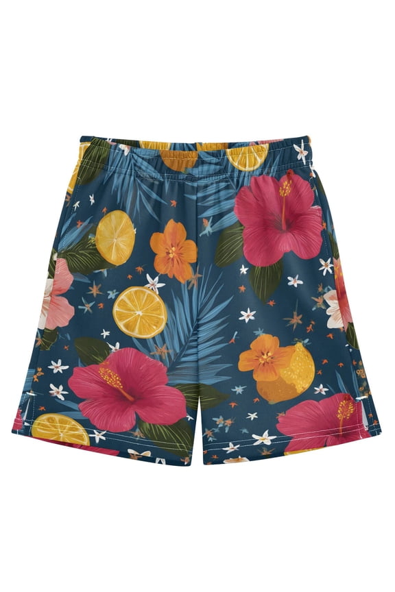 BZSMCE Adjustable Drawstring Casual Shorts With Hibiscus Flower Lemon Slice Pattern Pattern