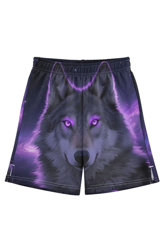 BZSMCE Adjustable Drawstring Casual Shorts With Purple Eyed Wolf Pattern