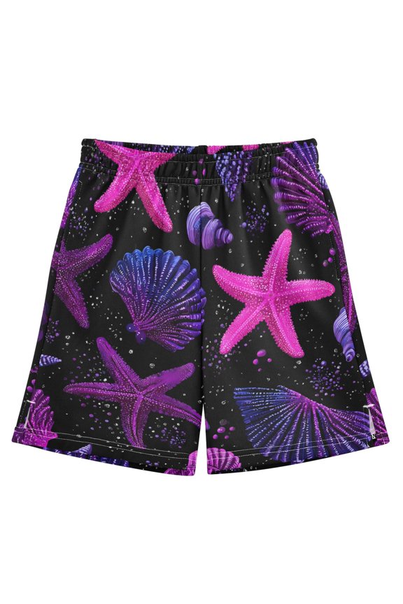 BZSMCE Adjustable Drawstring Casual Shorts With Purple Starfish Shells Pattern Pattern