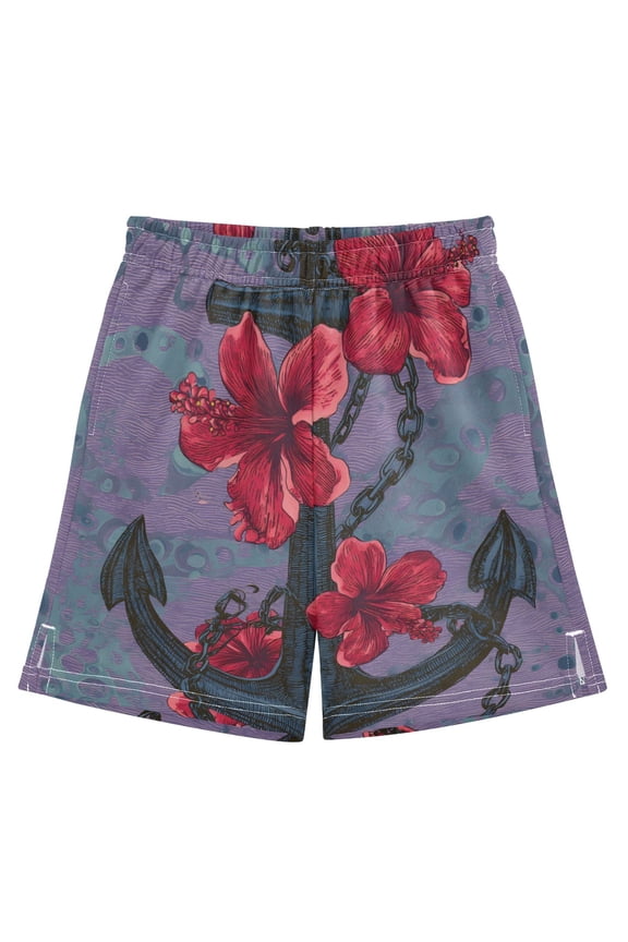 BZSMCE Adjustable Drawstring Casual Shorts With Red Flower Boat Anchor Pattern