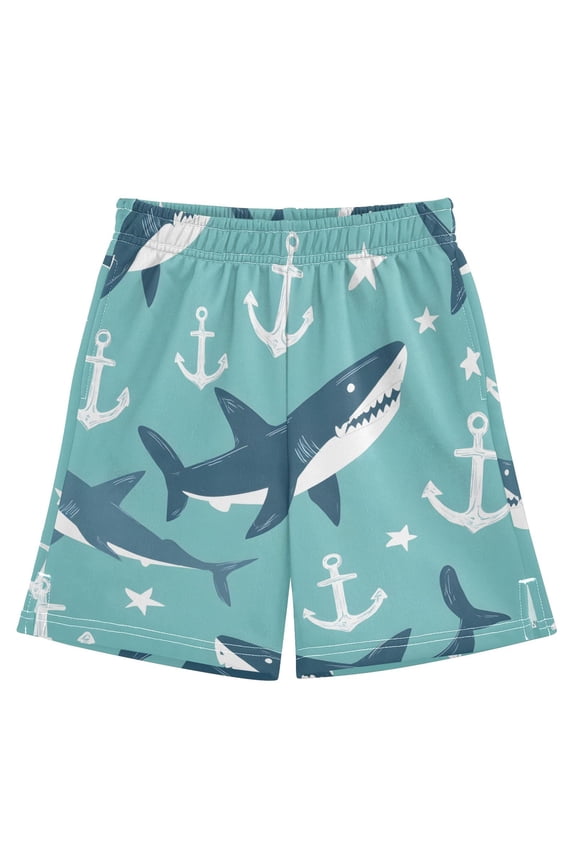 BZSMCE Adjustable Drawstring Casual Shorts With Shark Boat Anchor Pattern