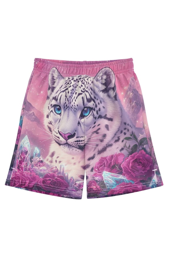 BZSMCE Adjustable Drawstring Casual Shorts With Snow Leopard Fantasy Art Pattern