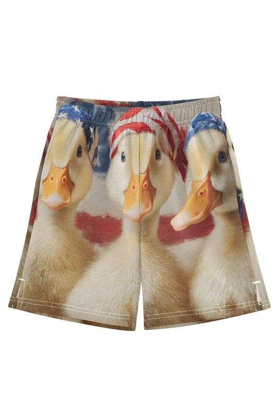 BZSMCE Adjustable Drawstring Casual Shorts With Three Ducks Banner Pattern