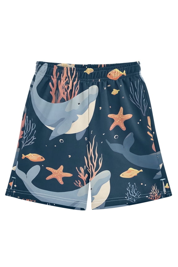 BZSMCE Adjustable Drawstring Casual Shorts With Whale Fish Coral Pattern Pattern