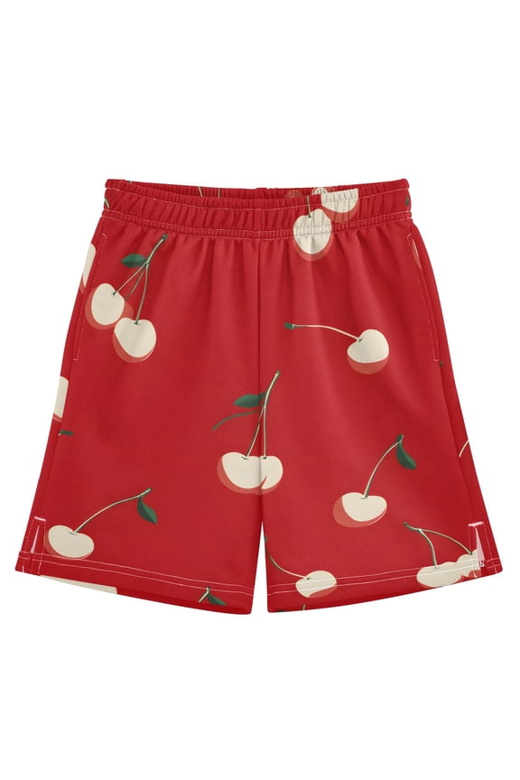 BZSMCE Adjustable Drawstring Casual Shorts With White Cherry Pattern Pattern