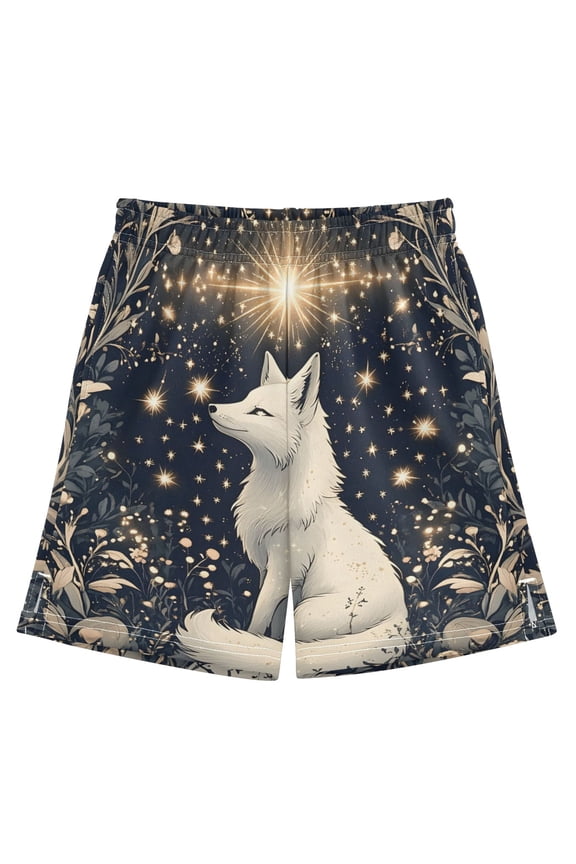 BZSMCE Adjustable Drawstring Casual Shorts With White Mystical Fox Pattern
