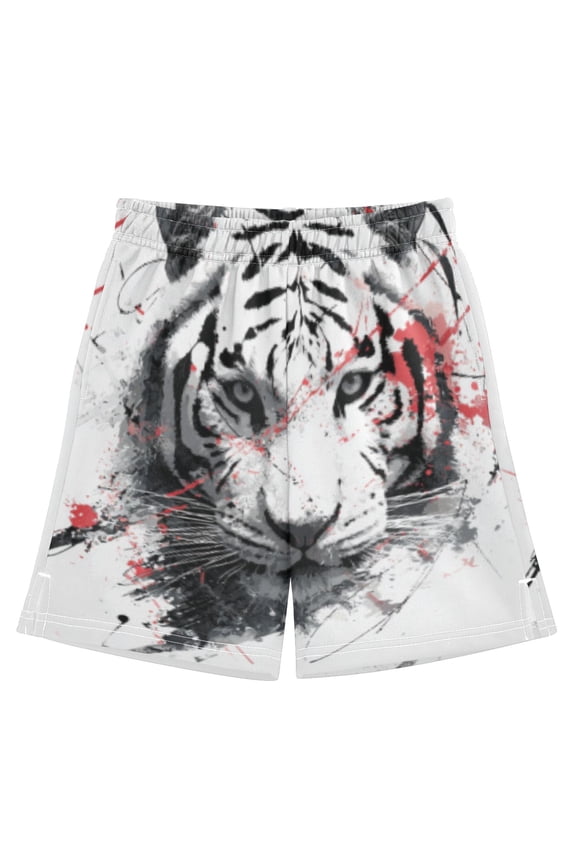 BZSMCE Adjustable Drawstring Casual Shorts With White Tiger Pattern