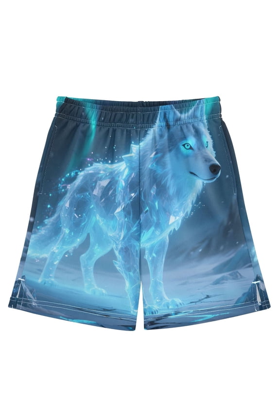 BZSMCE Adjustable Drawstring Casual Shorts With Wolf Northern Lights Pattern