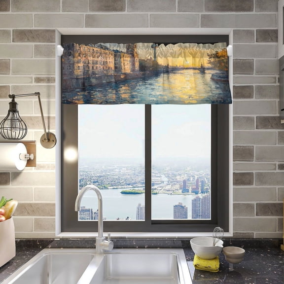 BZSMCE Alance Curtains Art Tower Bridge Painting Design Modern Style Pattern Window Curtain Valance 52W" x 18L" for Kitchen Living Room Bedroom