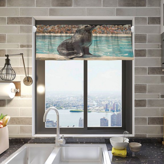 BZSMCE Alance Curtains The Central Sea Lion Pool Design Modern Style Pattern Window Curtain Valance 52W" x 18L" for Kitchen Living Room Bedroom