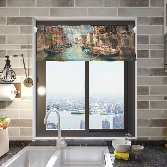 BZSMCE Alance Curtains Venetian Canal with Green Water Design Modern Style Pattern Window Curtain Valance 52W" x 18L" for Kitchen Living Room Bedroom