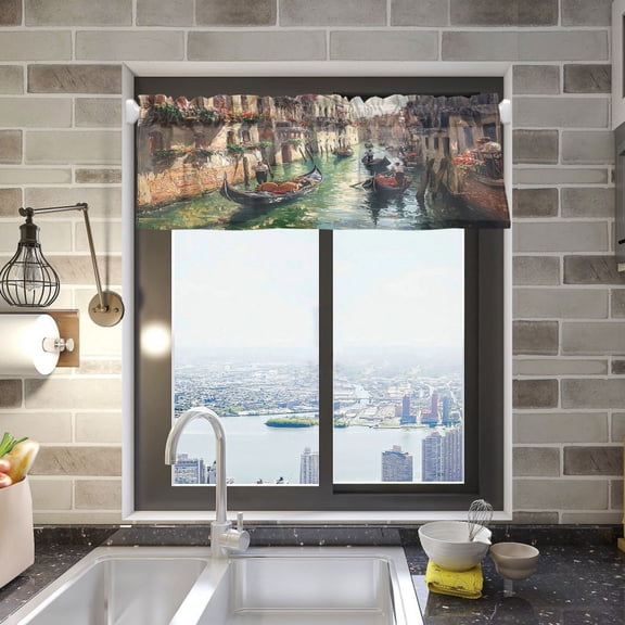 BZSMCE Alance Curtains Venetian Canalwith Green Water Design Modern Style Pattern Window Curtain Valance 52W" x 18L" for Kitchen Living Room Bedroom