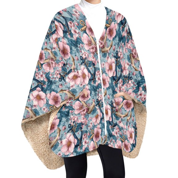 BZSMCE Anchor Pink Flower Pattern Panda and White Cloud Pattern Print Wearable Blanket Poncho DoubleLayer Fleece Sherpa Wrap Blanket With Zipper & Pockets Cozy Sleeveless Warm Throw Blanket